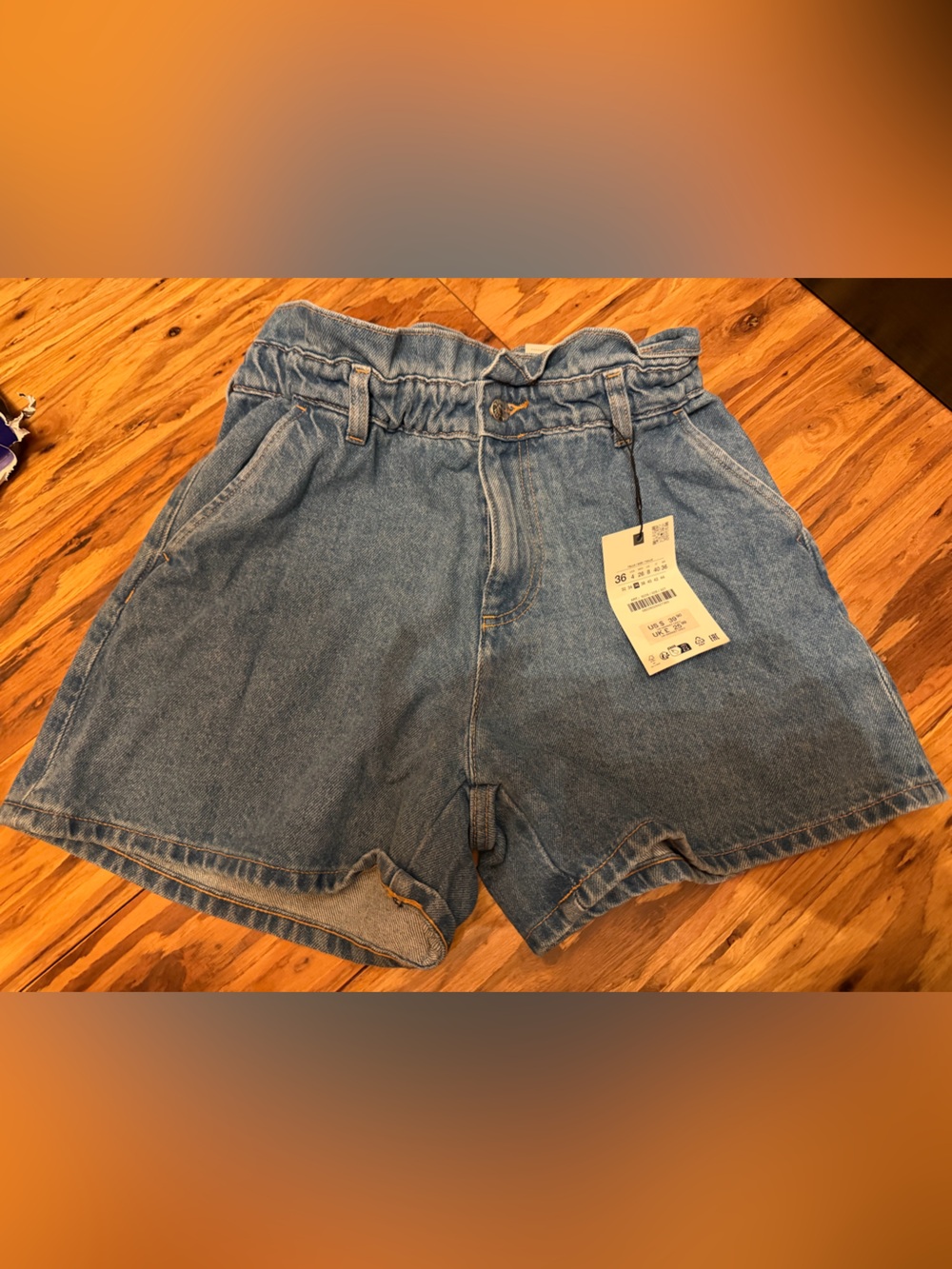 Zara Light Blue Paperbag Waist Denim Shorts